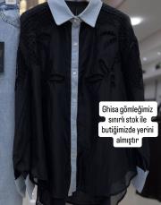 ghisa yaka ve manşeti kot detaylı dantel işlemeli tunik siyah
