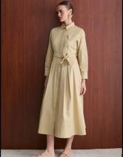pearly cep nakışlı poplin elbise camel