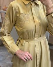 pearly cep nakışlı poplin elbise camel 3