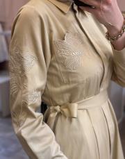 pearly cep nakışlı poplin elbise camel 7
