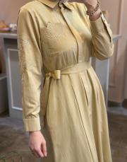 pearly cep nakışlı poplin elbise camel 8