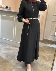 pearly fermuarlı istiridye kemerli elbise siyah 3