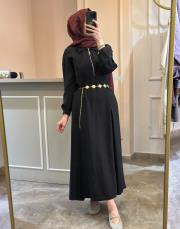 pearly fermuarlı istiridye kemerli elbise siyah 6