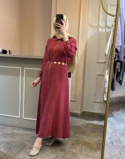 pearly fermuarlı istiridye kemerli elbise bordo