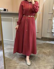 pearly fermuarlı istiridye kemerli elbise bordo 2