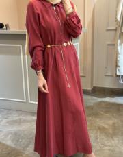 pearly fermuarlı istiridye kemerli elbise bordo 3