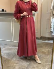 pearly fermuarlı istiridye kemerli elbise bordo 6