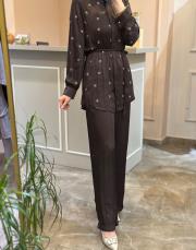 pearly taş detaylı saten gömlek takım kahve 5