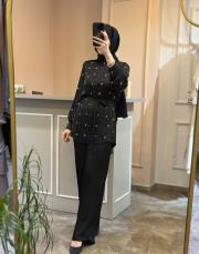 pearly taş detaylı saten gömlek takım siyah