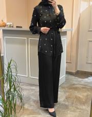 pearly taş detaylı saten gömlek takım siyah 2