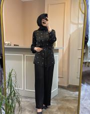 pearly taş detaylı saten gömlek takım siyah 3