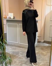 ceremony bluzu ve pantolonu çakma detaylı luna takım siyah