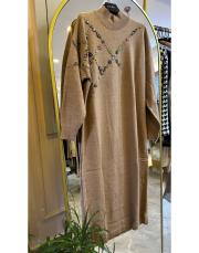 ghisa taş işleme detaylı triko elbise kahve