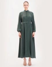 prime taşlanmış ipek brit düğmeli elbise haki