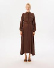 prime taşlanmış ipek brit düğmeli elbise kahve