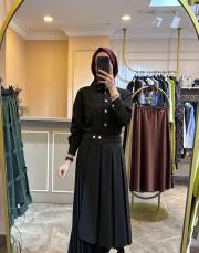 ceremony plisoley ve pilikaşe detaylı gold düğmeli etek siyah 2