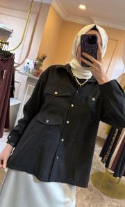 ceremony üç cepli önden düğmeli dubai kısa gömlek siyah 3