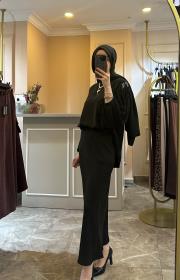 ceremony kolları ince plise ve inci detaylı önü kısa bluz siyah