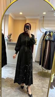 ceremony yarım patlı fermuarlı poplin elbise siyah