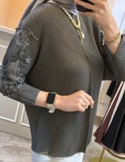 ghisa omzu boncuk ve güpür detaylı kısa bluz gri 2