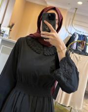 zems belden büzgülü yakası taş işlemeli elbise siyah 2