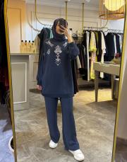 ghisa önü şifon taşlı takım lacivert