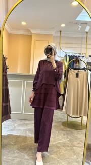 ghisa kendinden desenli önü şifon detaylı takım mürdüm 4