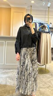 sentez desenli şifon plise etek siyah