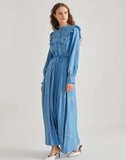 fırfır detaylı elbise mavi