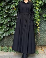 kolu taş detay önden düğmeli belden kuşaklı gömlek elbise siyah