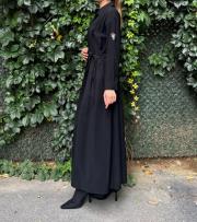 kolu taş detay önden düğmeli belden kuşaklı gömlek elbise siyah 3