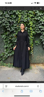 kolu taş detay önden düğmeli belden kuşaklı gömlek elbise siyah 4