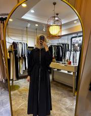 önden fermuarlı tek kolu taş detay içten kemerli kap siyah