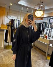 önden fermuarlı tek kolu taş detay içten kemerli kap siyah 3