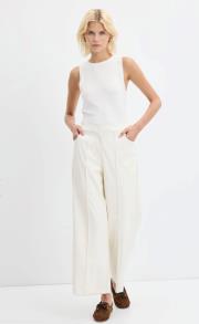 kadriye baştürk yüksek bel nervür dikişli deri pantolon ekru
