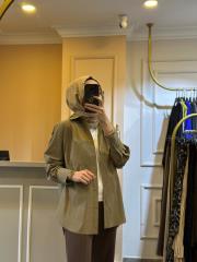 yırtmaç detaylı koton gömlek açık haki 5