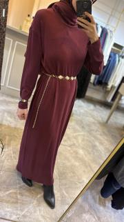 ceremony balıkçı yaka kemer aksesuarlı triko elbise bordo 4