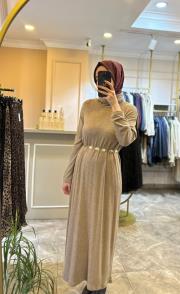 ceremony balıkçı yaka kemer aksesuarlı triko elbise camel 4