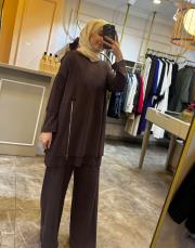 önden çift fermuarlı kapüşonlu takım kahve