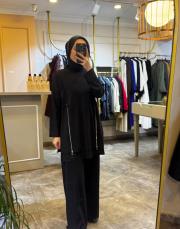 önden çift fermuarlı kapüşonlu takım siyah