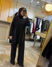 önden çift fermuarlı kapüşonlu takım siyah 2