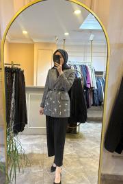 ghisa taş işlemeli ceket takım siyah