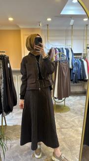 ceremony önü fermuarlı ceket ve etekli baklava kapitönetakım kahve 4