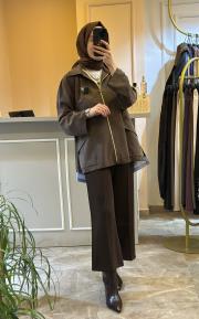 ghisa önden gold fermuar ve gömlek detaylı bomber kahve 5