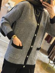 ghisa gümüş simli v yaka ithal triko hırka gri 3