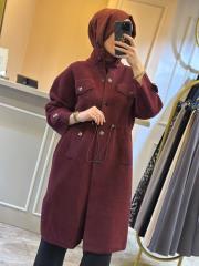 ghisa angora belden büzmeli kaban bordo