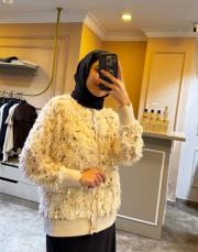 ghisa püskül ve boncuk işlemeli hırka vizon