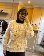 ghisa püskül ve boncuk işlemeli hırka vizon 3