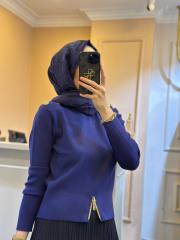 ghisa omuzu düğme detaylı vatkalı kısa triko bluz lacivert 2