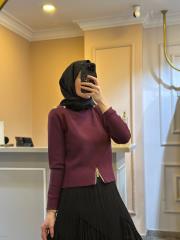 ghisa omuzu düğme detaylı vatkalı kısa triko bluz mürdüm